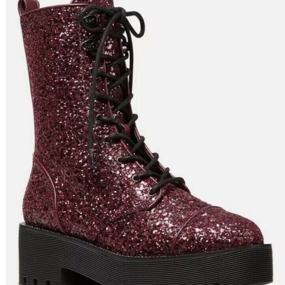 NEW Michael Kors Women's Glitter Dark Berry Bryce Lug Sole Combat Bootie NIB - Picture 1 of 6